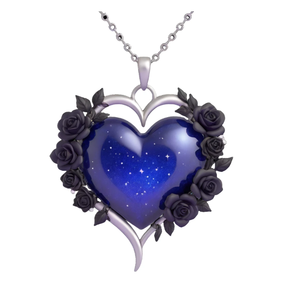 gothic heart made of midnight blue glass with a silver crescent moon, tiny black roses, shimmering stardust, wrapped with a silver chain sticker