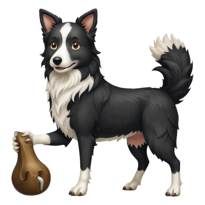 A black and white border collie werewolf, standing on her hind legs, holding a cow's hoof. sticker