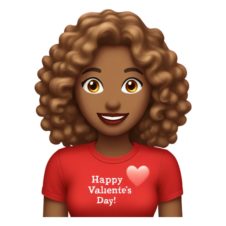 Light brown lady smiling, medium brown long curly hair, bright red lips, eyelashes, wearing red “happy Valentine’s Day” t shirt sticker
