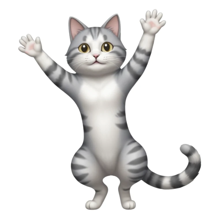 grey and white cat doing a big long stretch reaching up into the air with arms and legs together sticker