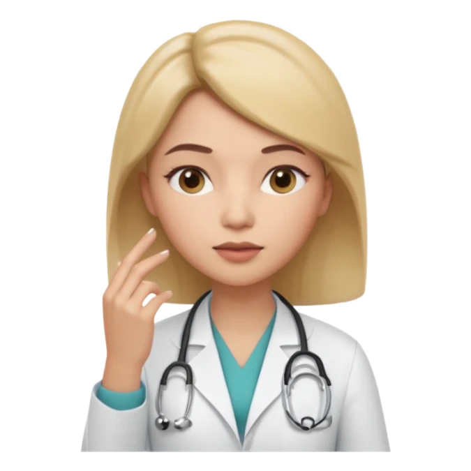 3D memoji female doctor, hand touching chin in thinking pose, thoughtful expression, slightly narrowed eyes, professional medical look, isolated PNG sticker