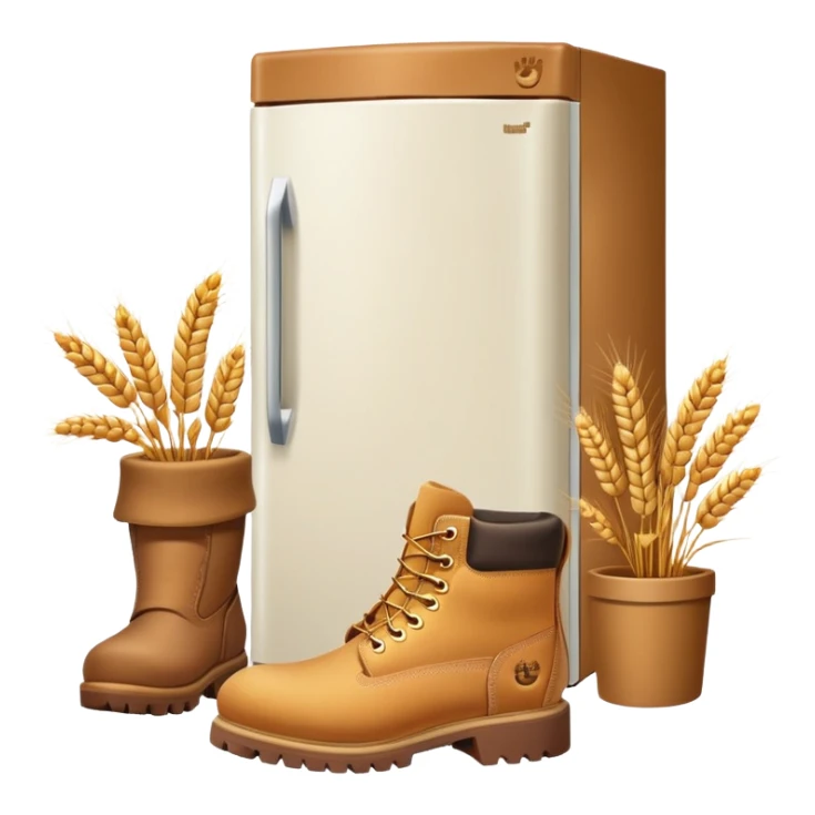 A white refrigerator with a camel head on top, and four Timberland-style wheat colored work boots attached to the bottom corners sticker
