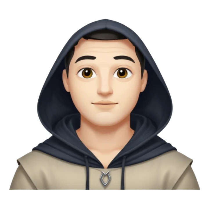 A handsome man with fair complexion. masculine, roman, slightly crooked nose. Thick triangular eyebrows. Hooded eyes and black pupils.  smily lips with a heavy top lid. kpop haircut sticker