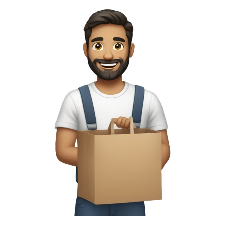 bearded man with short dark hair holding a product cart and smiling sticker