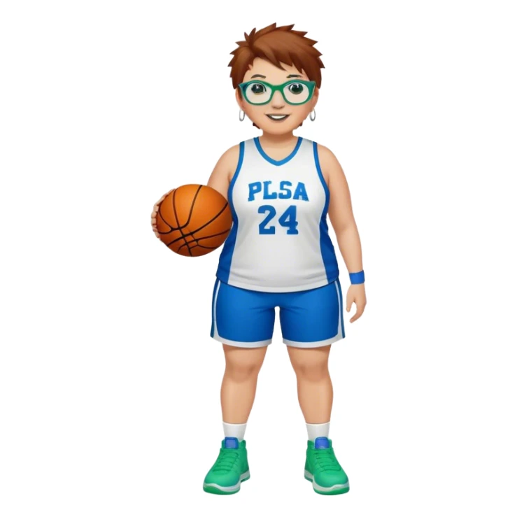 Full Body plus size white female basketball player with short medium brown hair with carmel highlights spikey hair wearing blue glasses 
 wide nose wearing blue green uniform  green sneakers smiling wearing silver hoop earrings sticker