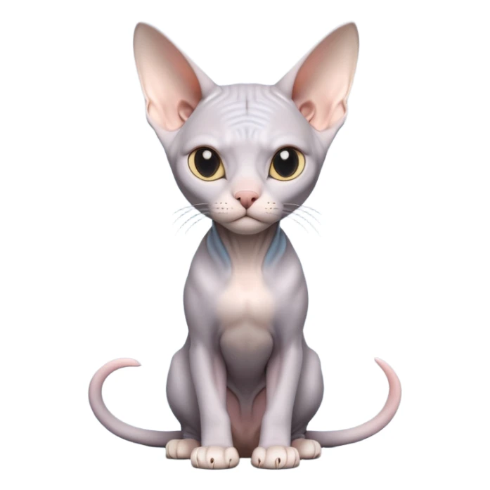 A 3D cartoon silver-gray Sphynx cat with smooth skin, gentle expression, elegant pastel lighting, cinematic Memoji rendering. full body or half body. sticker