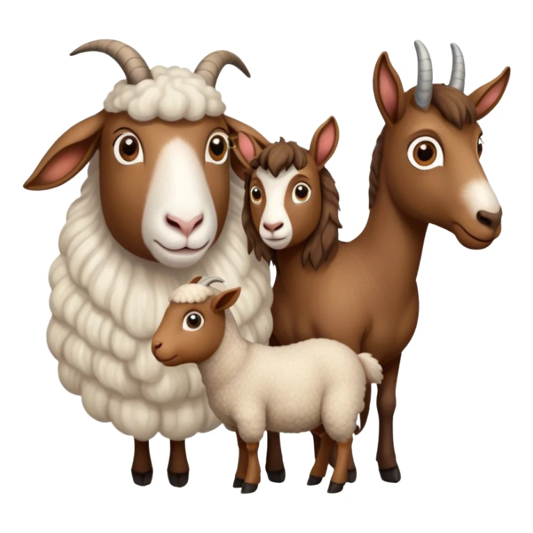 Icon for Domestic Hooved Animals: A gentle collage featuring a brown goat with large, curious eyes, a calm sheep with soft wool and a horse with a flowing mane. Background with a green pasture and a few hay bales. Transparent background. sticker
