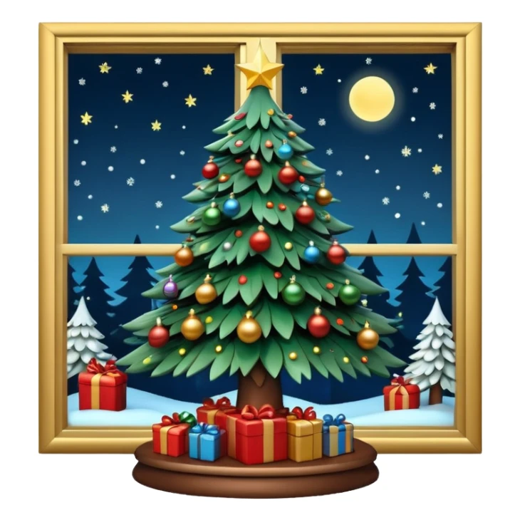 3D rendering realistic still life ultra detailed, christmas tree at night, in front of a glass window sticker