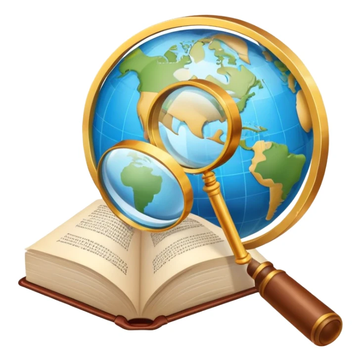 An icon featuring an open book, a speech bubble, and a magnifying glass, symbolizing philology and linguistics. The design includes language symbols, a globe, and alphabet letters, representing the study of languages and their structures. Transparent background  sticker