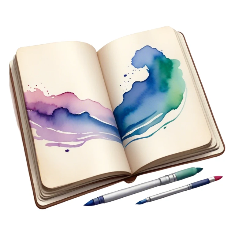 Cinematic Realistic image of an open sketchbook accompanied by a set of translucent watercolors, with delicate pigment stains and soft, flowing brushstrokes, captured under gentle, diffused lighting that highlights creative fluidity sticker