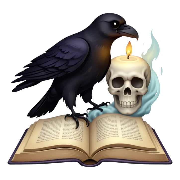 Icon for Horror and Mystery Reading: an open book with eerie shadows and mist rising from the pages, a candle, a skull, and a raven perched nearby. The icon should evoke the suspense, fear, and supernatural atmosphere of horror and mystery stories. Transparent background. sticker