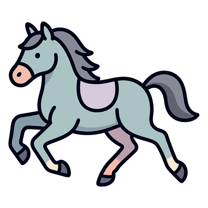 Chinese eastern style horse in pastel palette #98B5BC, #B5B3C1, #C9A3C9, #E4C0CA, #F7DCD1, #F7C0AA, thin clean outlines, soft rounded shapes, detailed shadows and highlights, soft lighting, transparent background, less cute, no decor, horse galloping with front legs bent and back legs stretched sticker