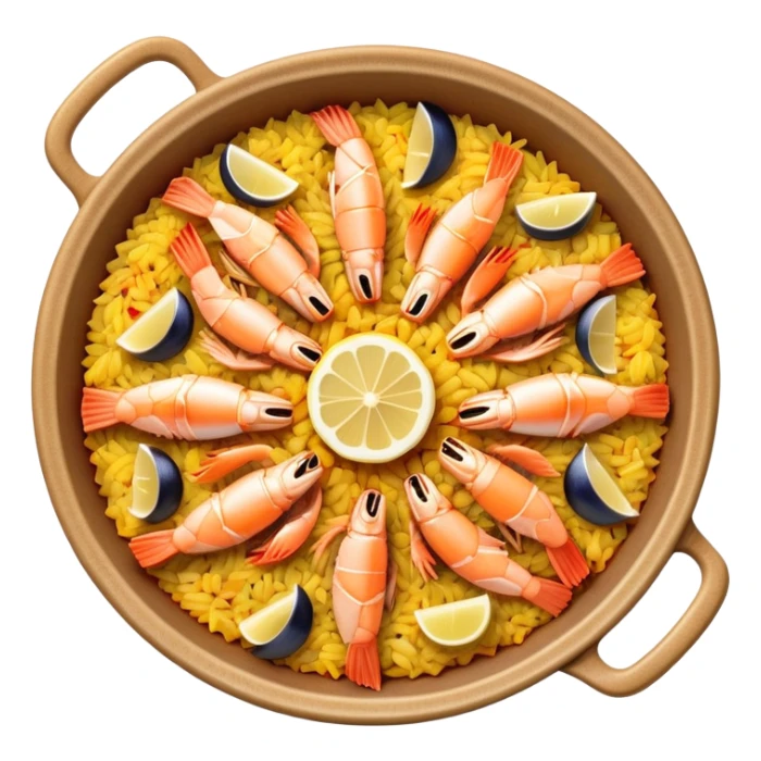 cinematic-realistic-paella-dish-emoji,-depicted-as-a-vibrant,-aromatic-rice-dish-loaded-with-seafood,-chicken,-and-saffron-rendered-with-rich-textures-and-dynamic,-warm-lighting with a lemon slice in the middle sticker