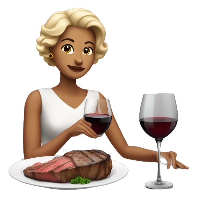 Generate a classy woman seated at a fine dining table, elegantly enjoying a steak and a glass of red wine.  sticker
