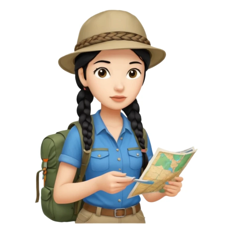 A braid black hair backpacking woman checking her map with curious eyes while walking with camping hat full body sticker