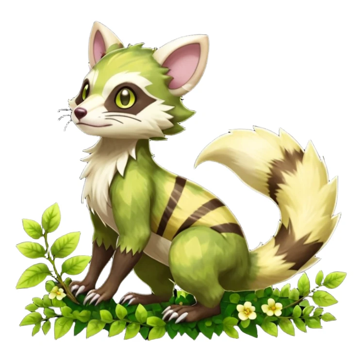 Sharp swampy realistic mossy grassy elemental ivy floral detailed Colorful translucent luminescent glowing Trico-Sergal-Furret-Ferret-Wolverine-Vernid-furry-fursona-fusion-Fakemon-animal-hybrid-creature, full body sticker