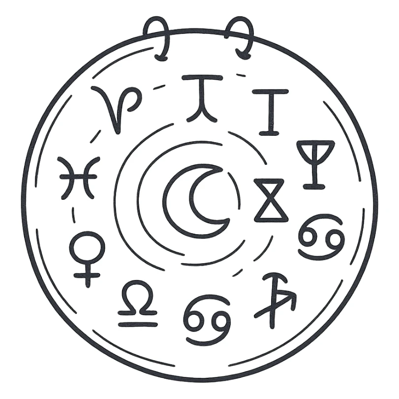 Магический календарь в стиле дудлинг — круглая или спиральная форма, с мистическими символами вместо обычных дат: фазы луны, знаки зодиака, алхимические значки, магические руны. sticker