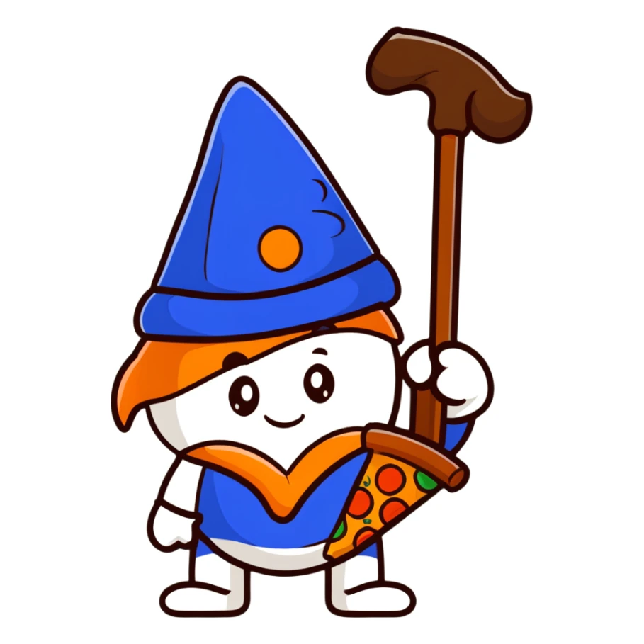 pizza wizard with wooden staff and blue hat sticker