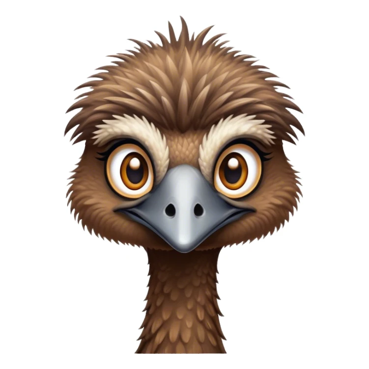 Cinematic Cute Emu Portrait Emoji, Head tilted playfully and inquisitively, featuring a glossy, textured brown plumage with a perky head and round, sparkling eyes full of curious wonder, Simplified yet irresistibly adorable features, highly detailed, glowing with a warm, friendly glow, high shine, affectionate and lively, stylized with a touch of outback whimsy, bright and endearing, soft glowing outline, capturing the essence of a mischievous yet loving emu, so playful it feels like it could gallop out of the screen into your arms! sticker
