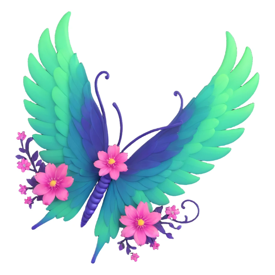 fantastical butterfly, vibrant #c0ff53 green wings with deep purple edges, glowing, intricate veins, shimmering textures, pink flowers on wing edges, pink dust cloud, magical sparkles, light bursts, floating pastel orbs, deep blue sleek body, 3D cartoon, elegant, filled with wonder sticker