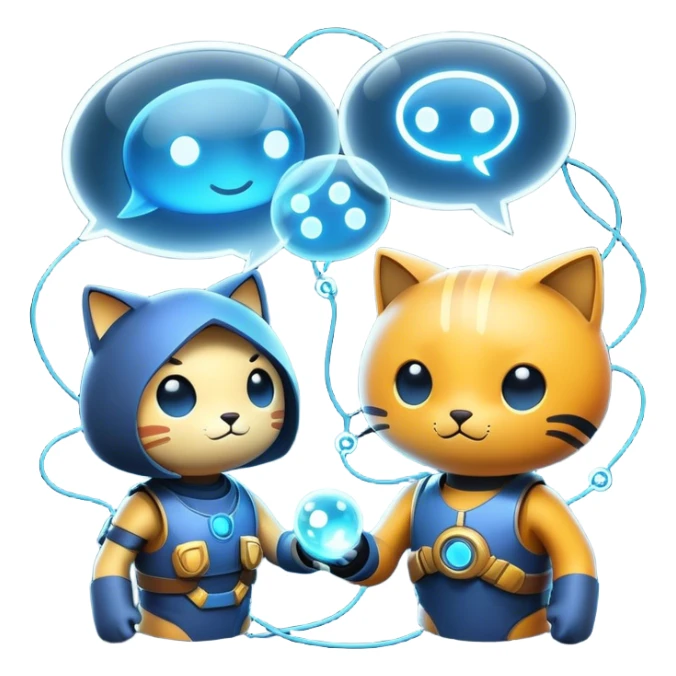 An icon representing an online multiplayer game, featuring two or more characters engaged in a virtual battle or adventure. Connected by network lines, the design includes glowing avatars, chat bubbles, and a sense of real-time interaction. Transparent background. sticker