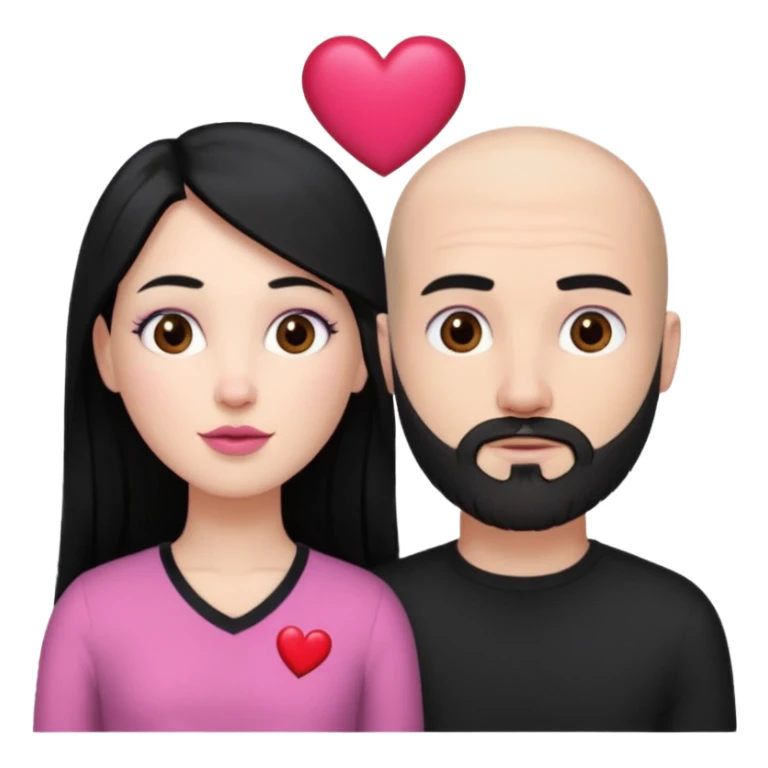 👩🏻‍❤️‍💋‍👨🏻 this one but the man should be bald. white woman with long black hair and white bald young man whoitiut hair and a heart between their heads. she has pink lips and both have brown eyes. he has e full beard but short. both wear black  sticker