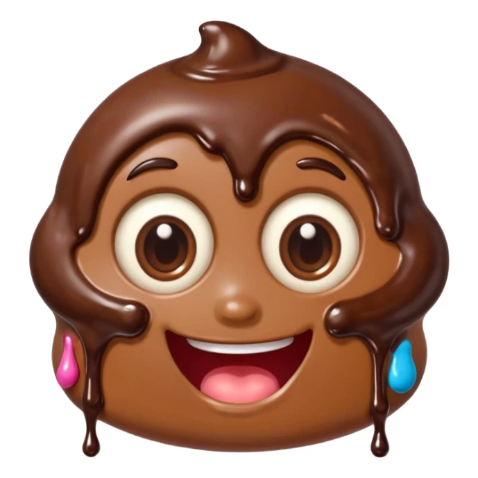 Funny cartoon chocolate mini pastry, crazy wide eyes, messy chocolate dripping, smiling distorted face, chibi style, Twitch emoji style, transparent background, colorful sticker