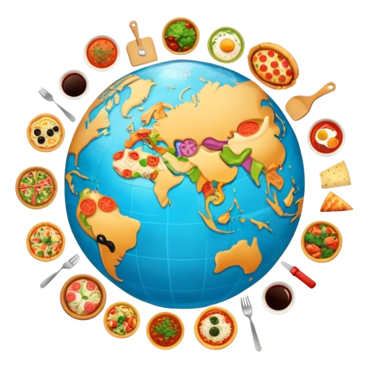 Icon for Gastronomic Tourism: a globe with various cuisines from around the world, such as pizza, sushi, tacos, and pasta, surrounded by food-related travel elements like a fork, knife, and map. Transparent background. sticker