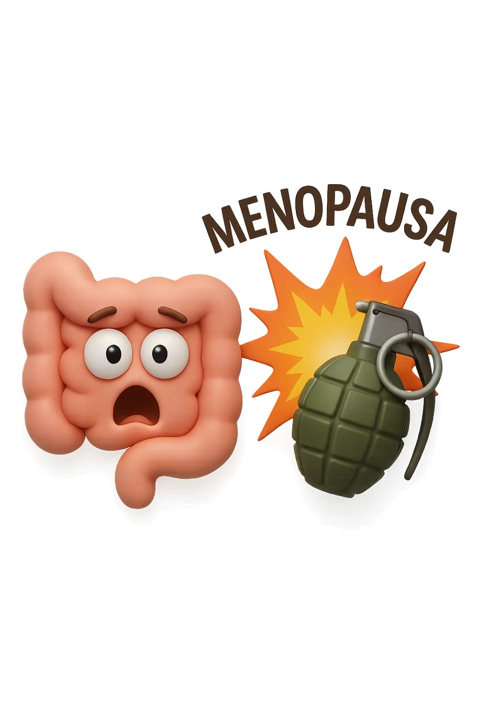 EMOJI STILE IPHONE 3D DI INTESTINO 3D CON ESPRESSIONE SCIOCCATA IN VOLTO MENTRE ACCANTO A LUI SCOPPIA UNA GRANATA 3D CON LA SCRITTA "MENOPAUSA" SOPRA, FAGLI ANCHE LA PARTE BIANCA DEGLI OCCHI, NON SOLO LA PUPILLA sticker