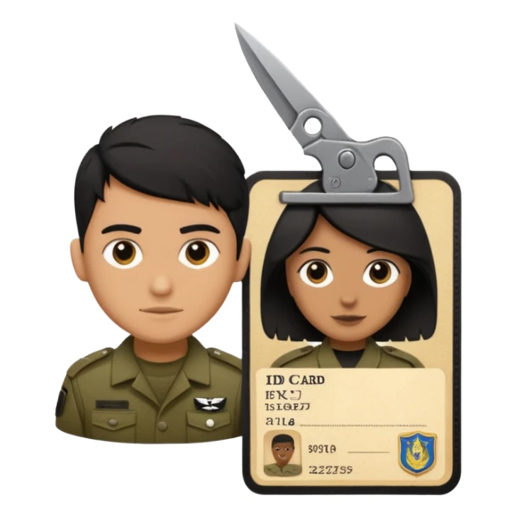 black Scissors cutting an idf soldier ID card in 2 parts .hyper realistic sticker