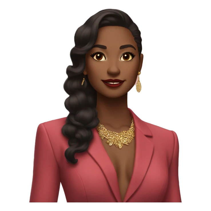 Sure! Here’s a super short version:

	•	Outfit: Deep red suit, gold jewelry, pink clutch.
	•	Hair: Black, half-up with a red ribbon.
	•	Skin: Warm tan, glowing.
	•	Makeup: Winged eyeliner, nude lips, soft blush.

Let me know if this works! sticker