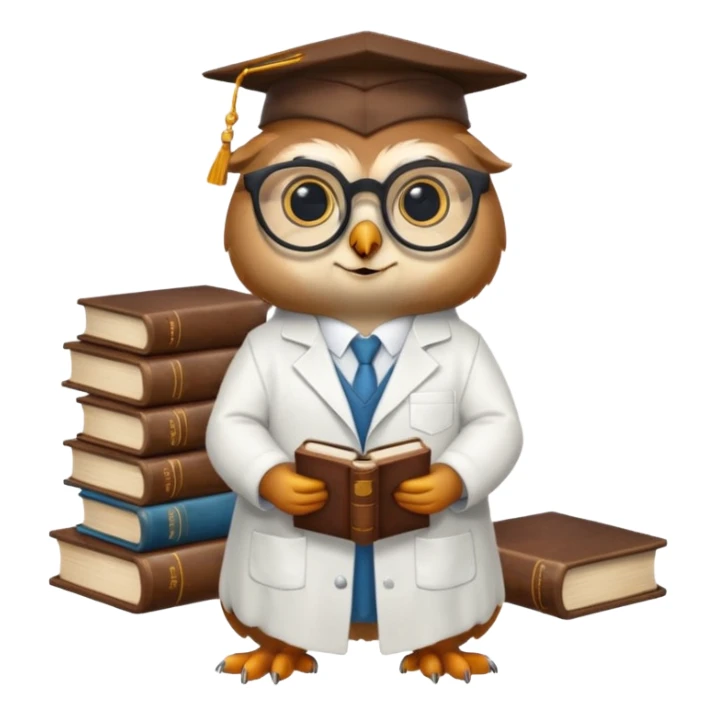 Wise bird with glasses, wearing a lab coat, perched on a stack of books. sticker
