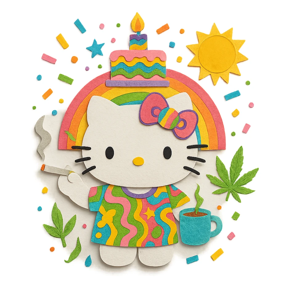 psychedelic maximalist birthday, Hello Kitty, Sunny in Philadelphia, coffee, cigarettes, weed, giant cake, confetti, rainbow palette, trippy patterns sticker
