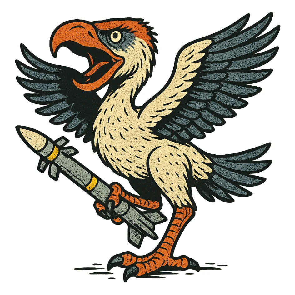 an insignia for a flag: a strange foreign alien bird creature, resembling a prehistoric phorusrhacos, gripping a sidewinder missile in its' powerful claw, standing up on its' other claw, cawing fiercely, wings spread in defiance.
 sticker