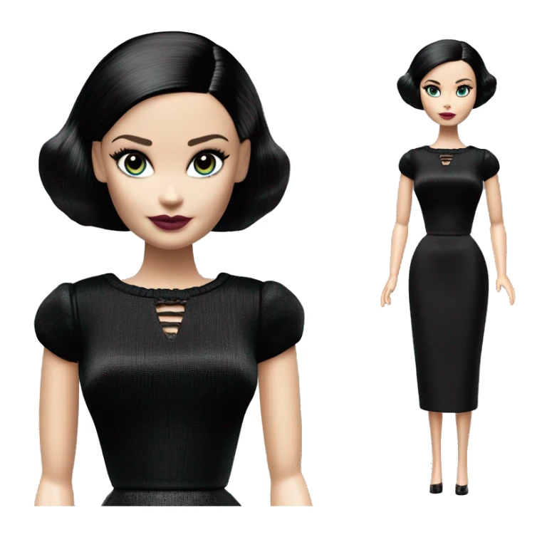 Really Hot elegant Wednesday Addams Barbie. Slinky silk well-fitted, backless black dress. very pale complexion. simple jewelry. Bedroom eyeshadow. Dark straight hair. sticker