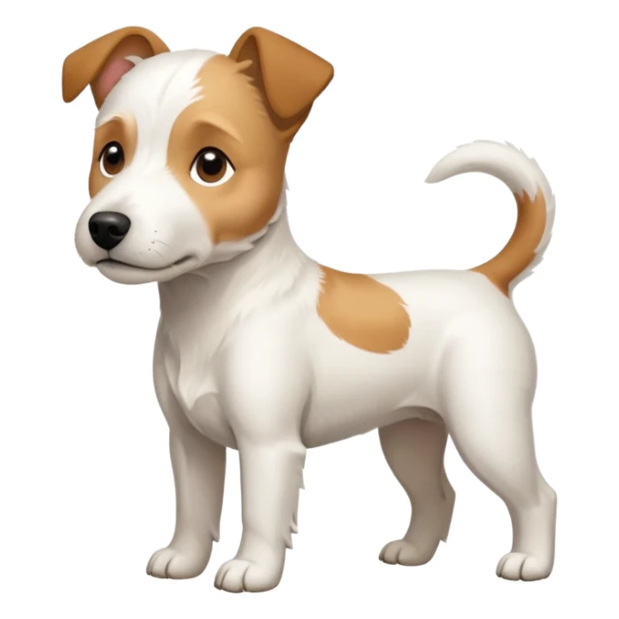 a full body facing front on of a buff white parson russell terrier looking dog the size of a kelpie with light brown long ears resting on its face and a light brown patch on one eye and a large snout. the rest of the dog is completely white.  sticker
