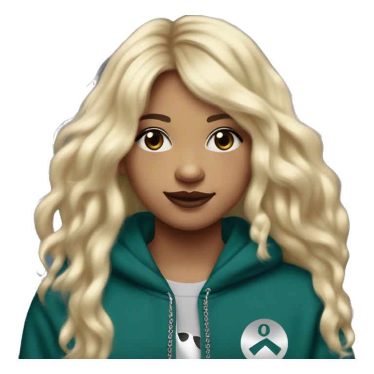 14 year old with long light blonde hair, middle part, chin length curtain bangs, smirking smile, dark teal eyes, long black eyelashes, wears a mulberry hoodie, black leggings, mulberry converse, black pearl earrings, wears a silver cancer sign necklace. sticker