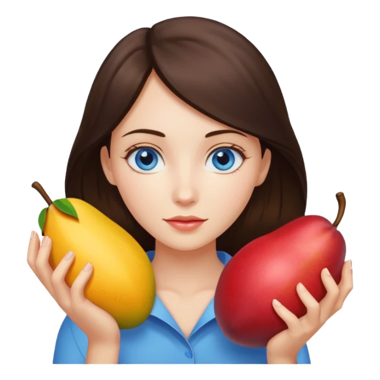 A brunette girl with blue eyes holding a mango sticker