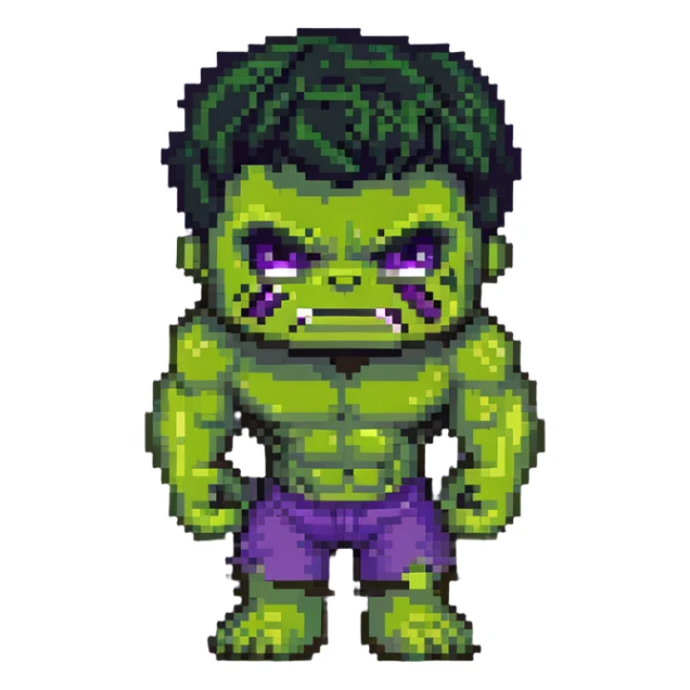 chibi version of Hulk from Marvel, exaggerated head, green skin, purple shorts sticker