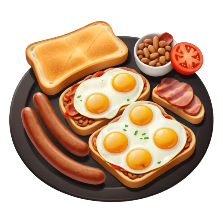 full English breakfast with eggs, bacon, sausage, beans, toast, and tomato sticker