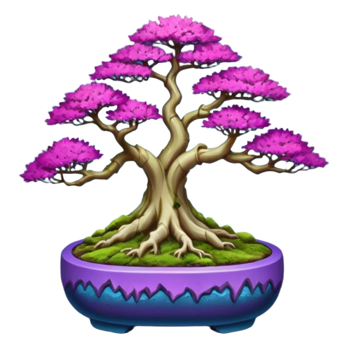 Futuristic wild glowing et alien moss maples Bonsai hair-fine-leaf group crimson crystal boxwood purple and cream pink blue informal rocky cliffhanger forest planting in shallow slab style pot  sticker