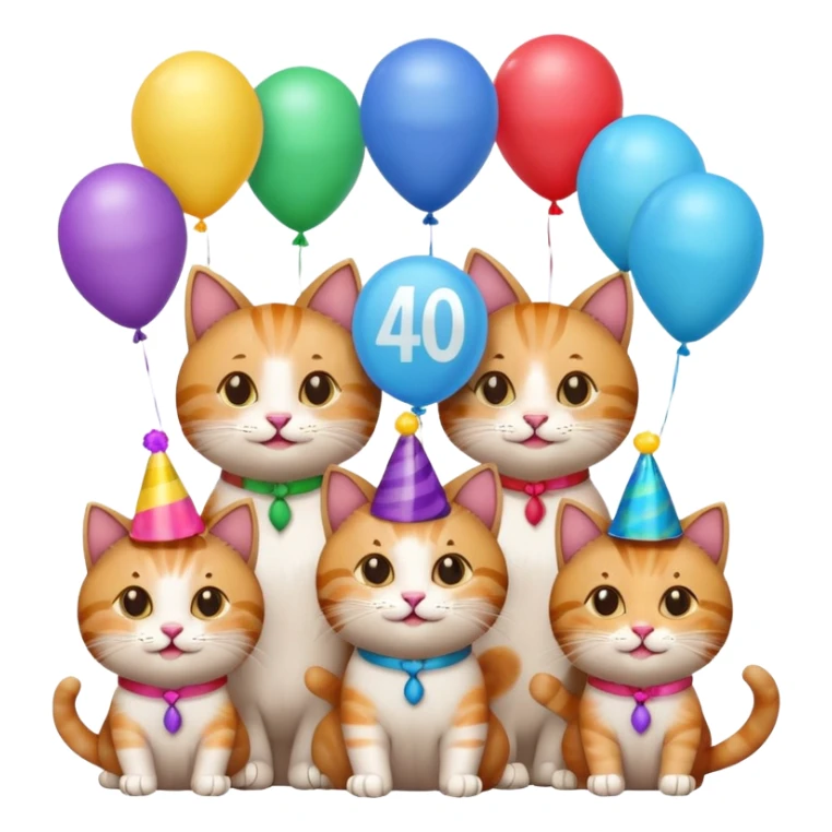 six cats at a 40th birthday party, one cat holding a '40' balloon, cheerful, emoji style sticker
