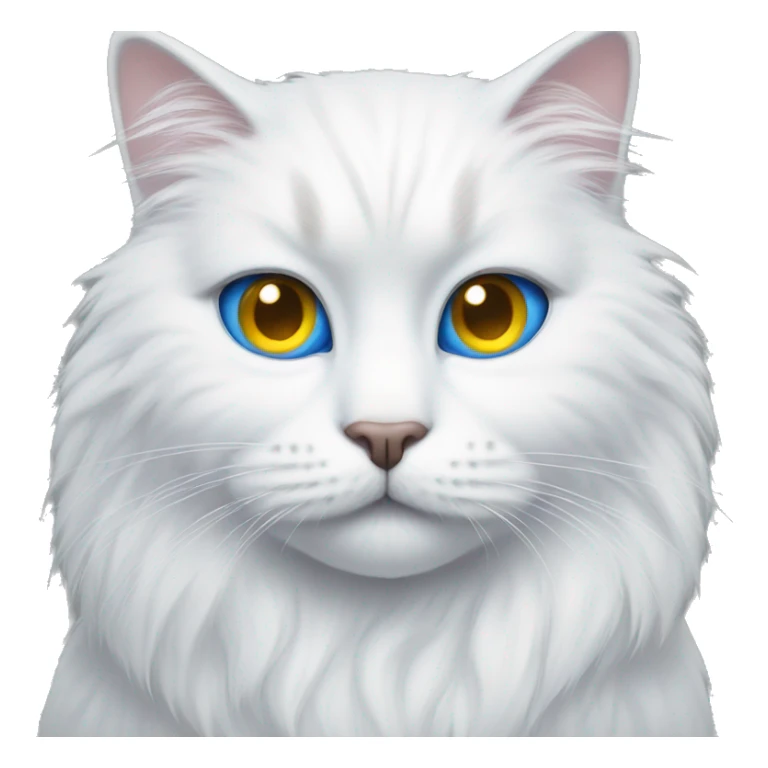 white furry cat with one blue eye and one yellow eye sticker
