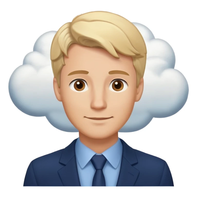 Expressive ,Blond man with brown eyes,warm smile, curious, cartoon style,navy-blue, background has thought clouds elegant 💭 sticker