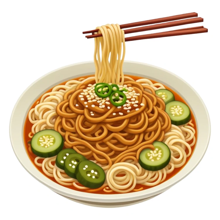 Wuhan hot dry noodles with sesame paste and pickles, simplified emoji style with bold outlines and bright colors, cartoon style Hubei breakfast Re Gan Mian sticker