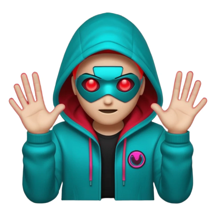 Neon cyberpunk hooded hacker emoji using the exact original palette: crimson red glow, cyan/teal highlights, black shadows. Character shakes head “no” and shows stop hand. Text “NO TO SCAMS” in red neon. Smooth looping animated sticker, transparent background, Discord emoji style. No new colors. sticker