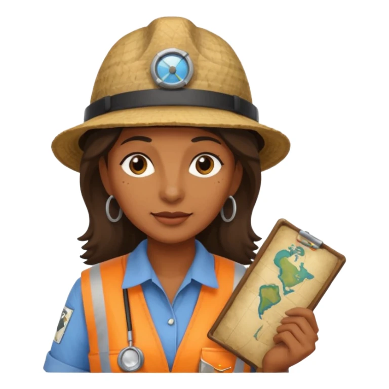 brown-skinned woman archaeologist, 55, wearing an archaeologist hat, small map beside sticker