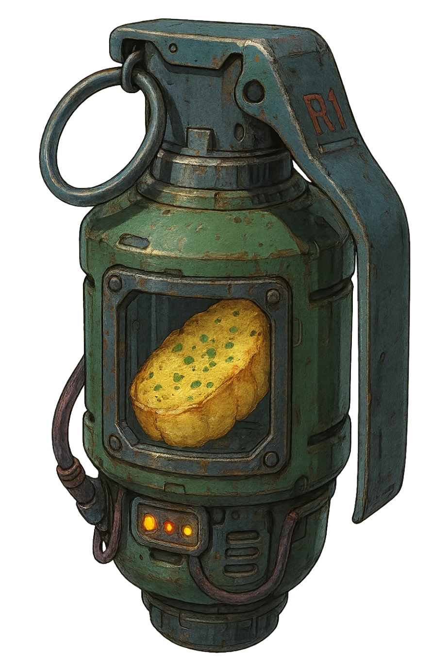 a thermonuclear hand held grenade IED, futuristic cyberpunk. The primed exlosive element is not c4 plastique, but it is garlic bread. sticker
