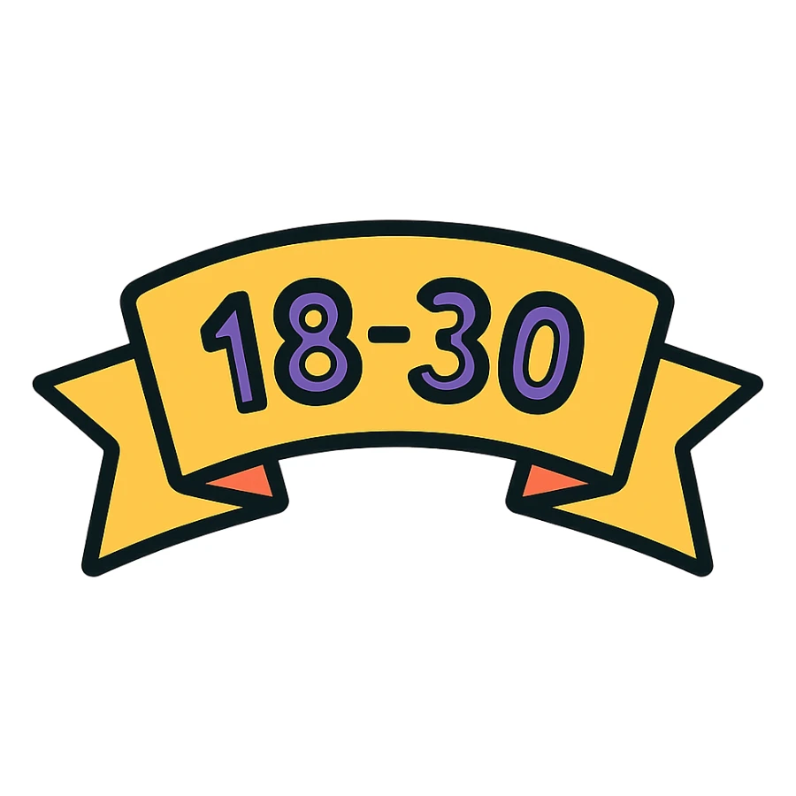 Discord role icon for 18-30 year olds, featuring a dynamic ribbon or banner with '18-30', energetic and friendly style sticker