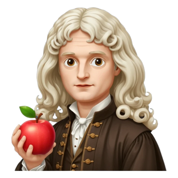 Isaac Newton wearing 17th-century aristocratic attire with long curled periwig, hold an apple sticker